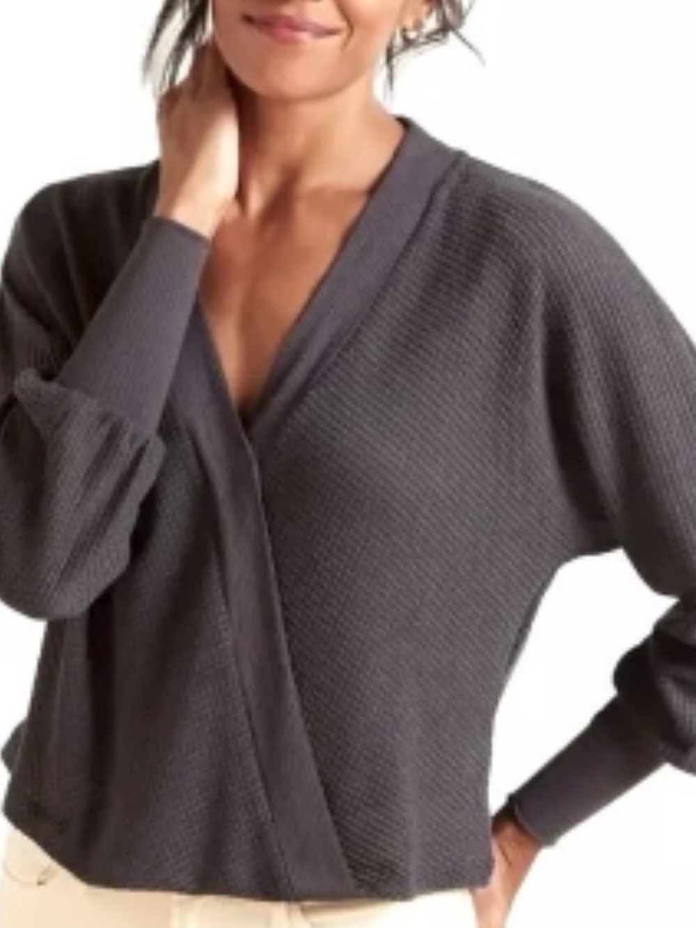 Evereve Delia Wrap-Front Waffle Knit Sweater Charcoal Gray Thermal Casual Layer